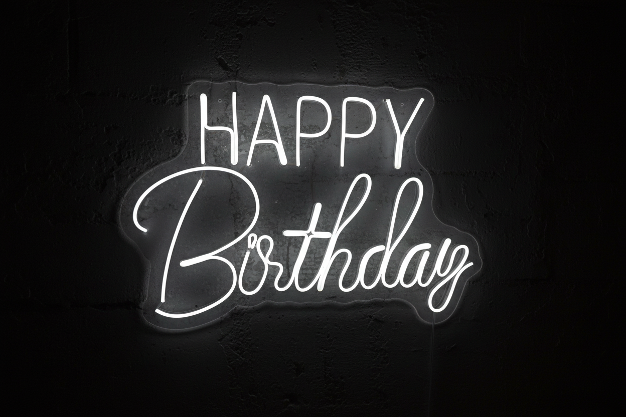 Letrero Happy Birthday en fondo oscuro
